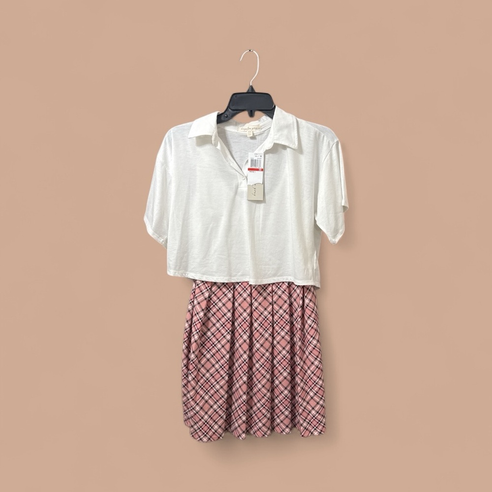 Kingston White Shirt and Pink Plaid Skirt Set